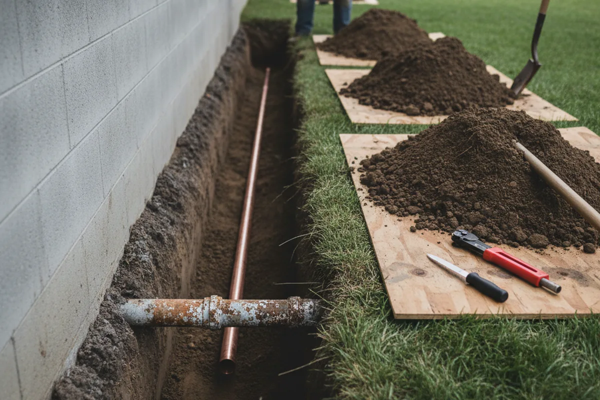 Excavated water line trench during Sewer Line Repair in Adelanto